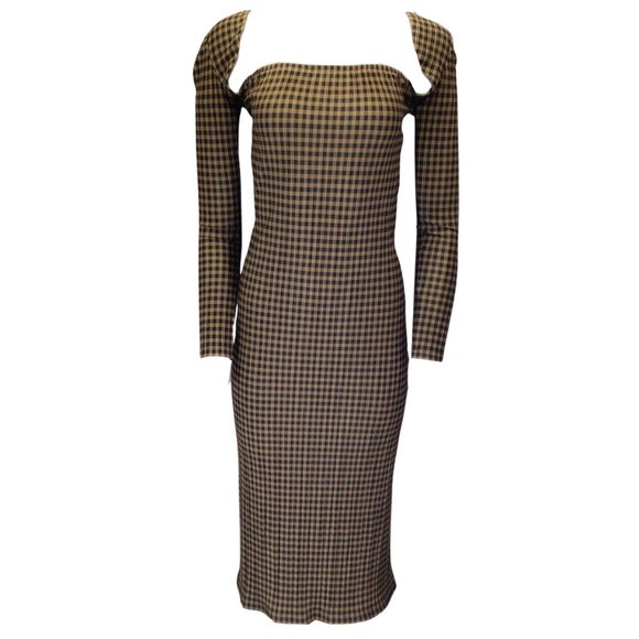 ROKH BROWN / BLACK GINGHAM CHECKERED MIDI DRESS - Picture 1 of 4